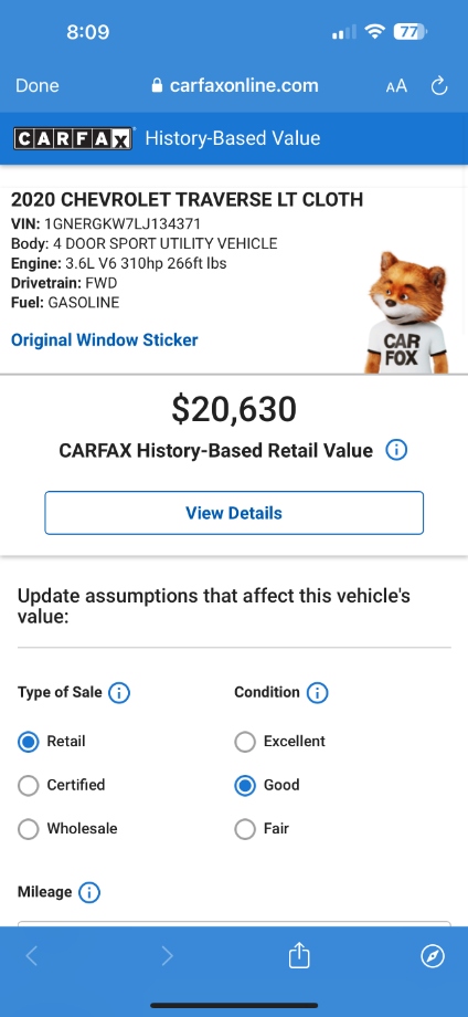 2020 Chevy Traverse LT FWD Repairable Wrecks 